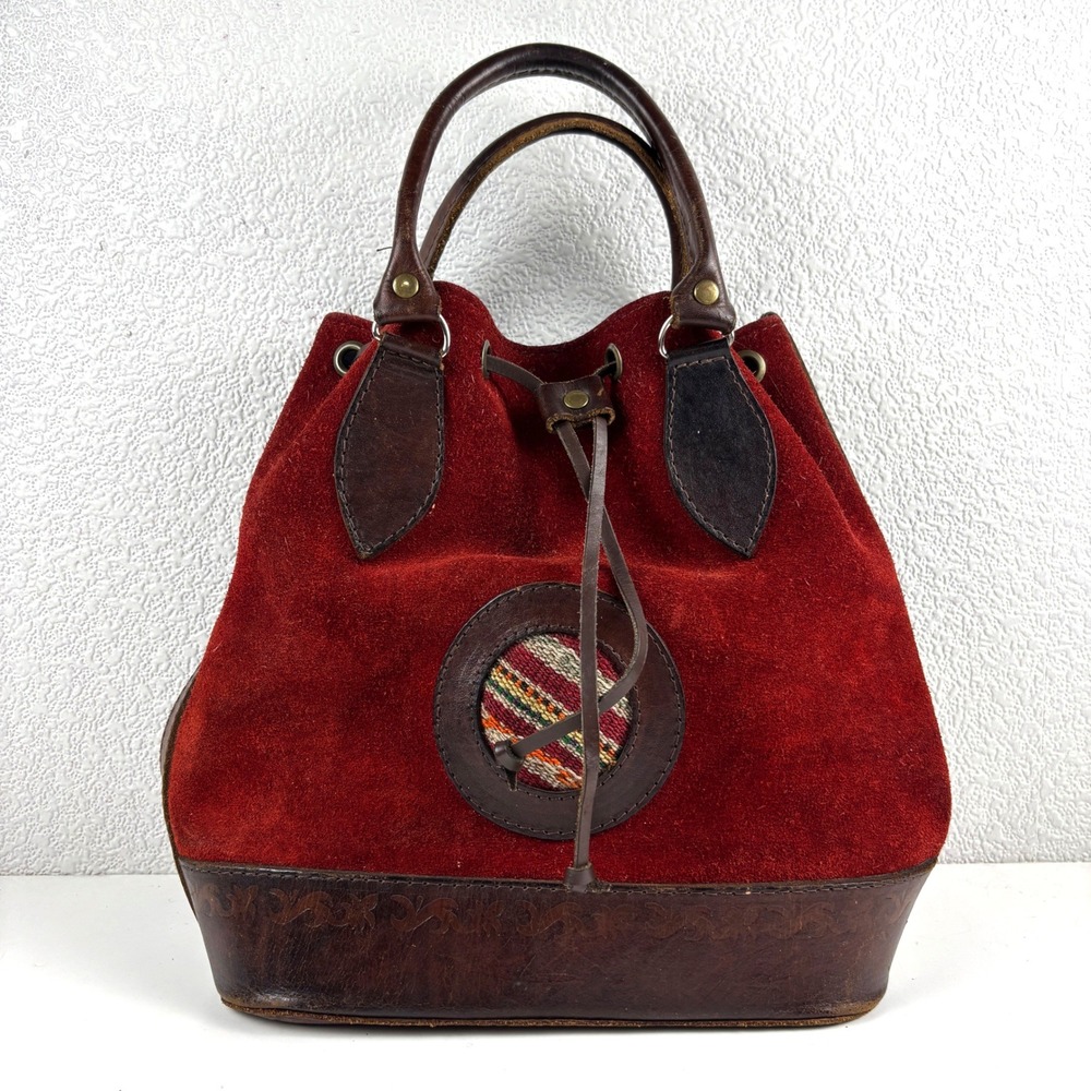 Bucket‎ Bag Womens Medium Red Brown Tooled Leather Suede Boho Western Artisan